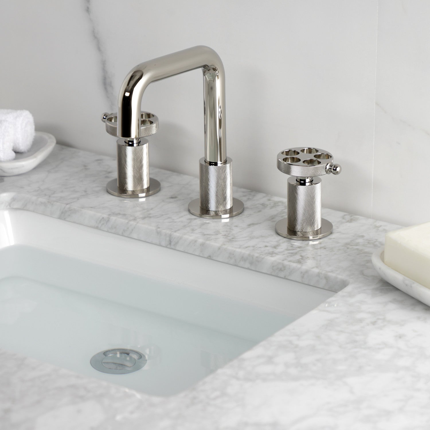 Kingston Sona KS1416RKZ - Wendell Two-Handle 3-Hole Deck Mount Widespread Bathroom Faucet with Knurled Handle and Push Pop-Up Drain, Polished Nickel — thumbnail 2